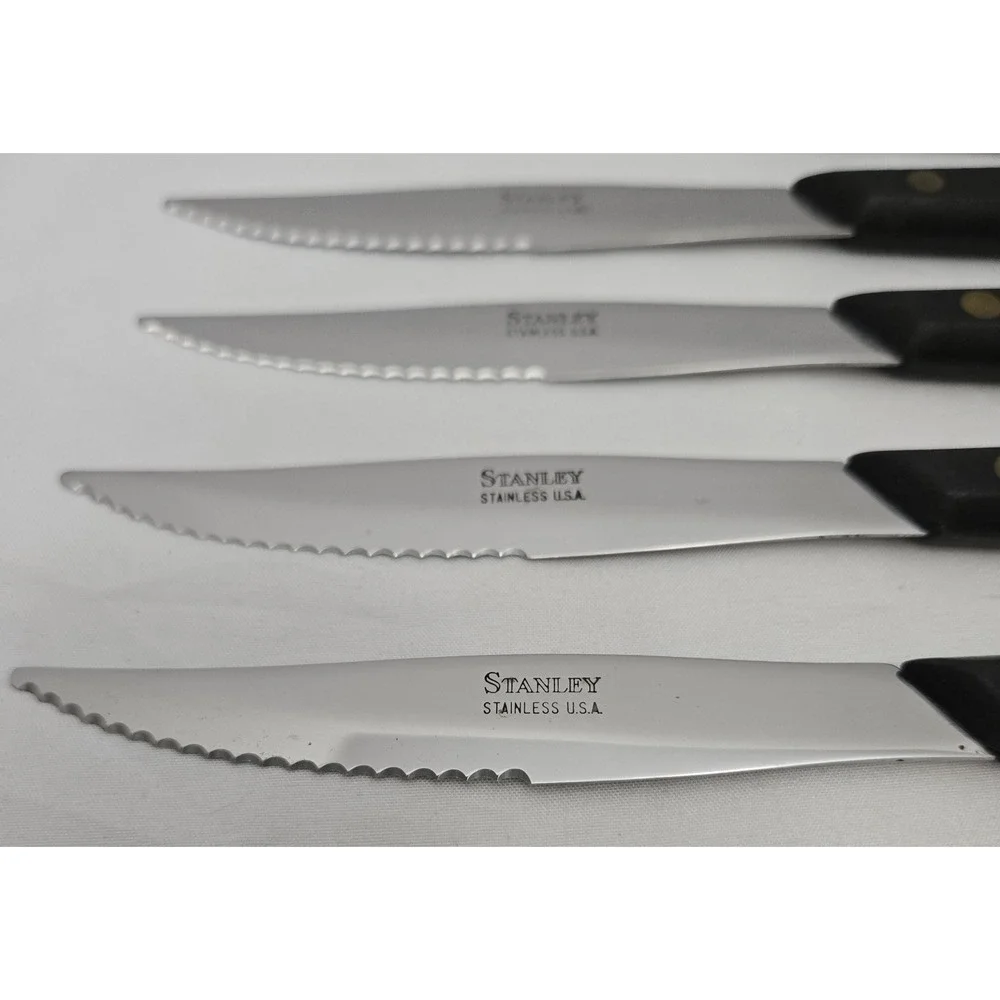 Vtg Stanley Stainless USA Steak Knives Set of 5 Black Composite Handles Serrated